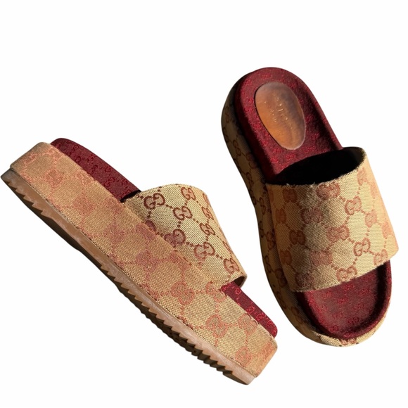 Gucci Angelina Platform Slide Sandals Original GG Canvas Red monogram size 7 - Picture 3 of 13